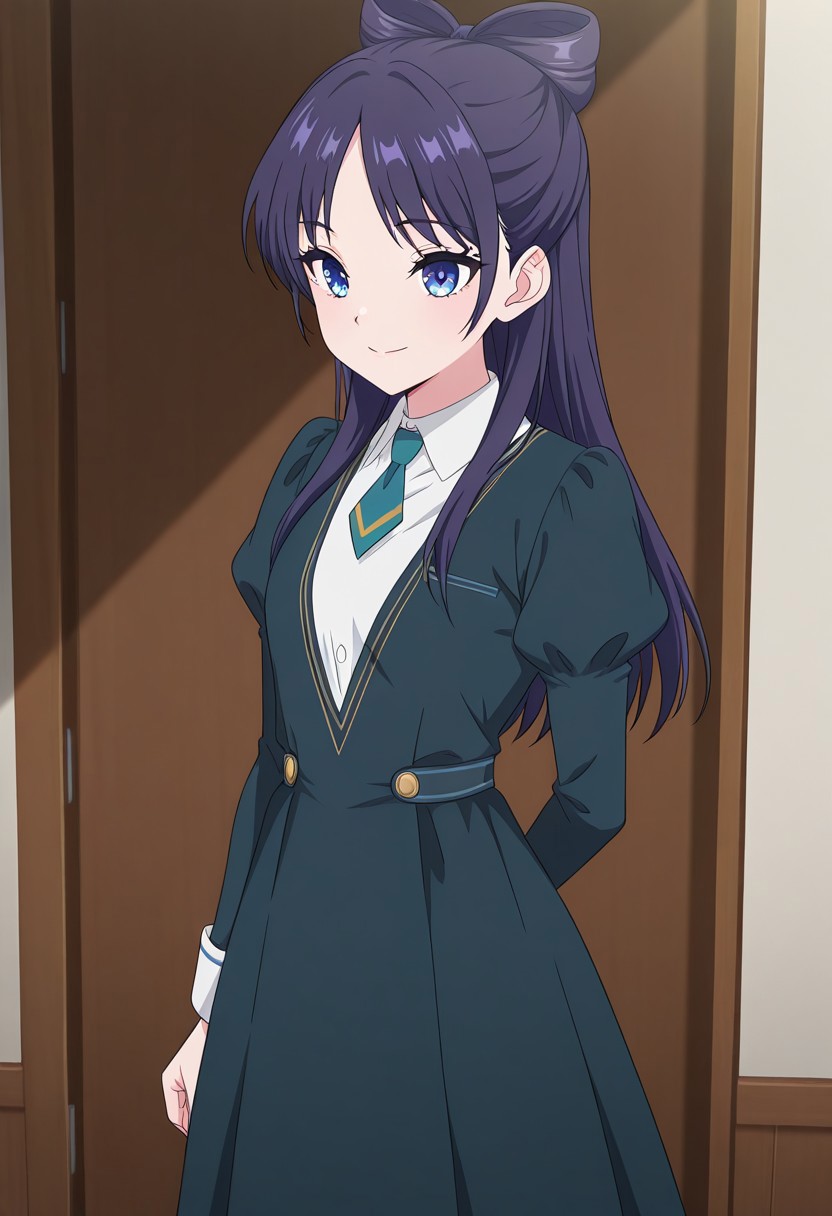 (absurdres, best quality, masterpiece:1.4), amazing quality, highres, newest, detailed, detailed body, detailed face, source anime, anime coloring, beautiful, petite, 
BREAK
WWNemu, 1girl, solo, standing, smile, NemuAniHu, dark purple hair, bow-shaped hair, parted bangs, half updo, blue eyes,  v-neck dress, white inner collared shirt, Short necktie, juliet sleeves, long skirt, side pockets