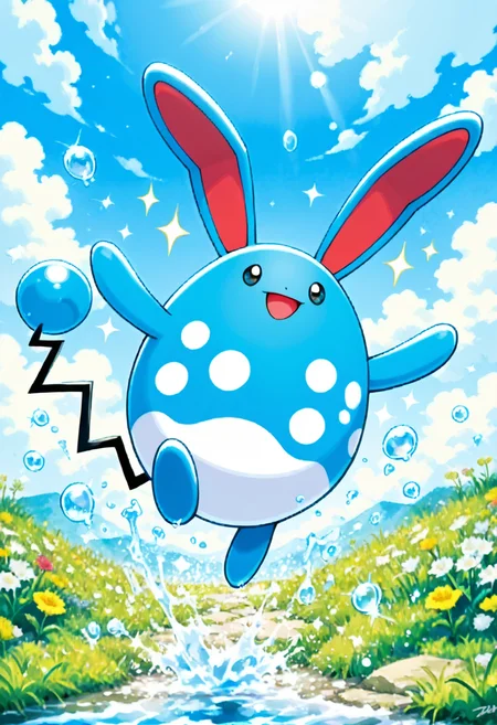 masterpiece, best quality,    <lora:AzumarillPokedexCardArt_IXL:0.8>,   zzAzumarill, smile, open mouth, full body, flower, :d, outdoors, sky, day, cloud, signature, water, black eyes, blue sky, sparkle, happy, grass, water drop, jumping,
