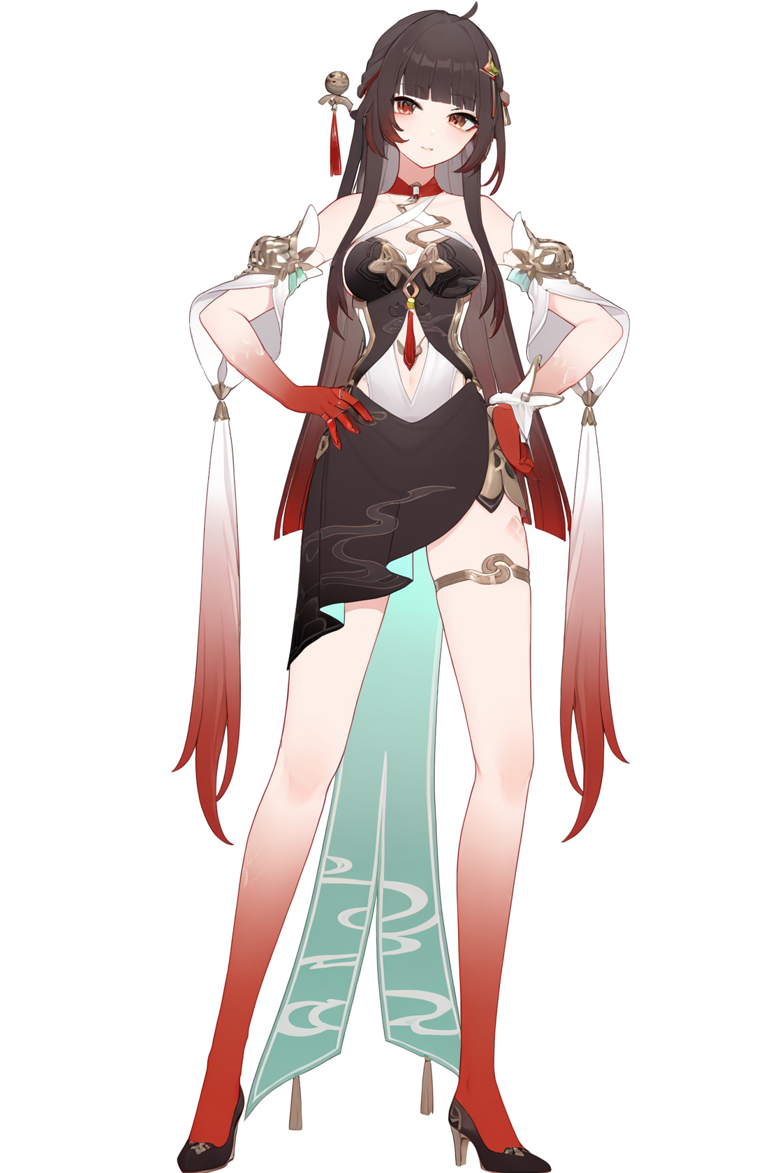 8k, best quality, masterpiece, (ultra-detailed), (high detailed skin), (by nanoless, by misumi \(macaroni\):0.25), 
full body, full shot, standing, looking at viewer, (solo:1.2), simple background, white background, hand on own hip, 
<lora:lingsha-atw2-Tanger:0.8>, lingsha, default clothes, red hands, red feet, black dress, 1girl, long hair, black hair, breasts, ahoge, high heels, 
A full-body portrait of a young girl, standing gracefully, pastel art style, high-key lighting, shoujo manga influence, hd quality, delicate details,