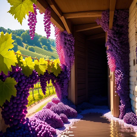 Ungound vineyard, vines creeping over cave wall in light of purple crystals. Masterpiece, best, detailed