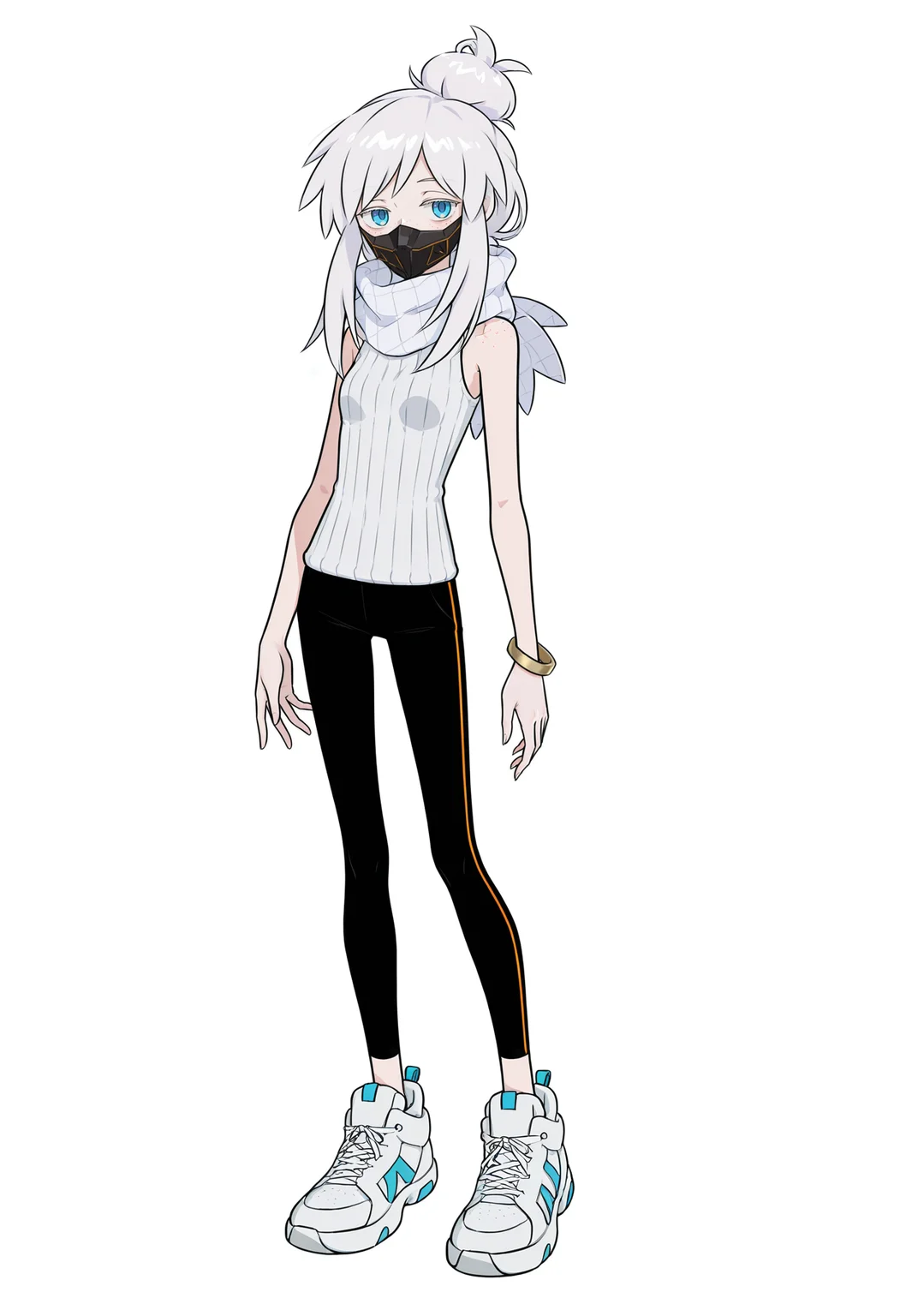 <lora:Deux Murasame illustrious-000050:1>,1girl,solo,
Deux Murasame,solo,full body,shoes,sneakers,looking at viewer,pants,sleeveless,simple background,white background,bracelet,mask,jewelry,standing,black pants,scarf,shirt,single hair bun,sidelocks,sleeveless shirt,covered mouth,ribbed sweater,mouth mask,freckles,white hair,white footwear,black leggings,thin,skinny,white sweater,white scarf,long hair,freckles on face,single bracelet,