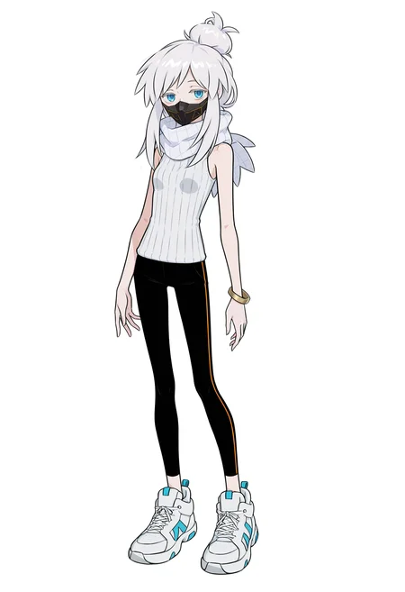 <lora:Deux Murasame illustrious-000050:1>,1girl,solo,
Deux Murasame,solo,full body,shoes,sneakers,looking at viewer,pants,sleeveless,simple background,white background,bracelet,mask,jewelry,standing,black pants,scarf,shirt,single hair bun,sidelocks,sleeveless shirt,covered mouth,ribbed sweater,mouth mask,freckles,white hair,white footwear,black leggings,thin,skinny,white sweater,white scarf,long hair,freckles on face,single bracelet,