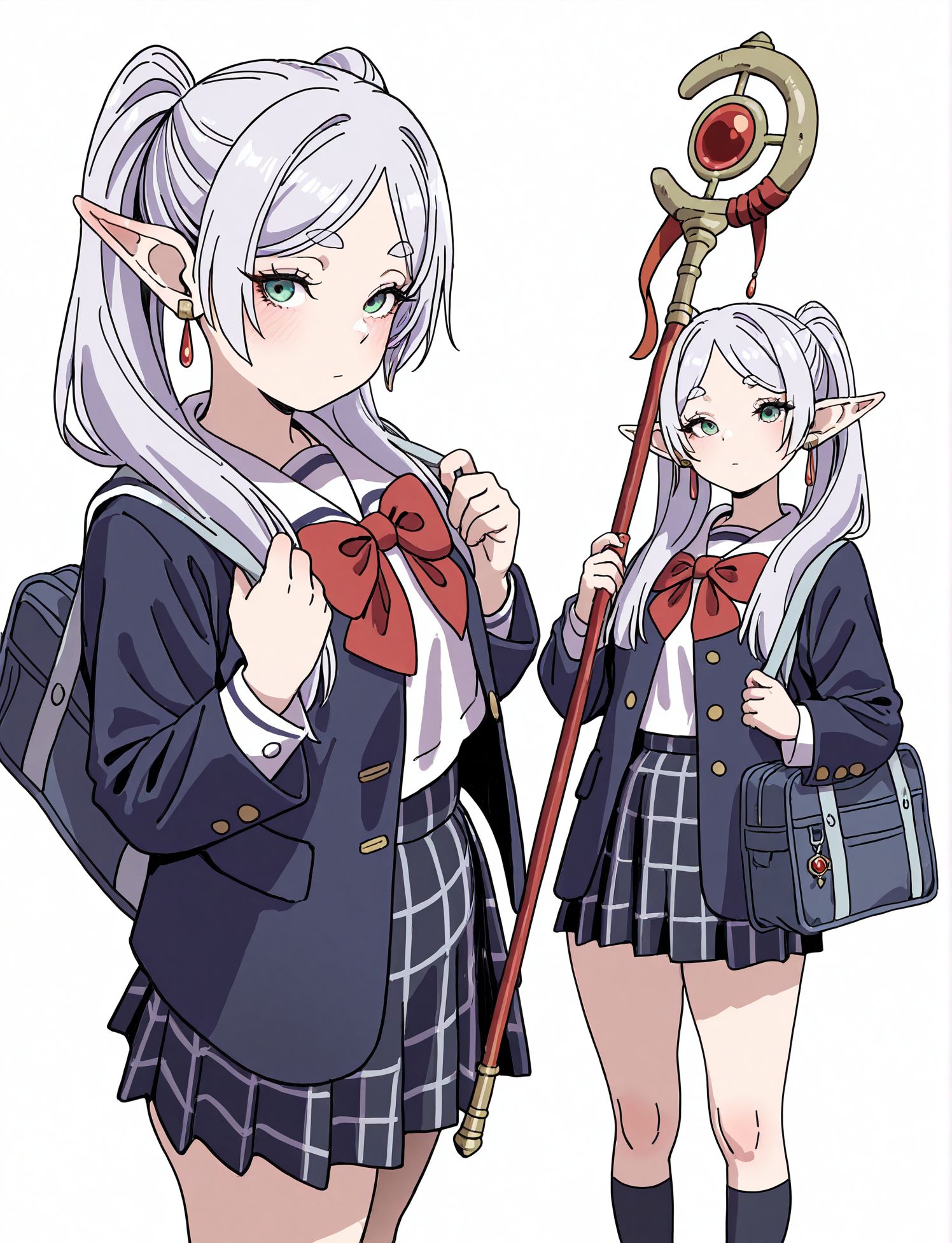 masterpiece,best quality,amazing quality,very aesthetic,absurdres,newest, huge filesize,
<lora:spo_sdxl_10ep_4k-data_lora_webui:0.5>,
<lora:add-detail-xl:1>
 skirt, bag, pointy ears, staff, socks, earrings, school bag, holding, jewelry, school uniform, white background, red bow,
frieren,dark blue jacket, checkered skirt, 
<lora:Yamashita_shunya_STYLE:0.8>  
Yamashita_shunya_STYLE,
