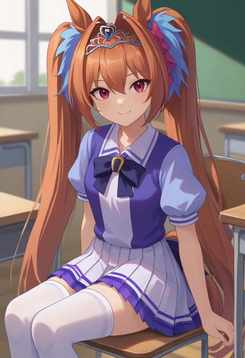 score_9, score_8_up, score_7_up, source_anime, solo, 1girl, daiwatracen, smile, looking at viewer, sitting, chair, twintails, tiara, horse ears, tracen school uniform, purple shirt, bow, puffy short sleeves, white skirt, white thighhighs, horse tail, indoors, classroom <lora:umamusume_daiwascarlet_ponyXL:1>