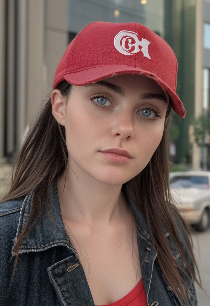 30yo woman posing for pic in front of tall building.
Blue eyes. small perfecteyes 
Wearing ripped Denim jacket red trucker hat
no makeup. Clear skin.  realistic skin style
Long dark black slick back hair. No makeup. Dusk, Street light. Looking at camera POV. Slight smile, tilting head.. Tilt head.
Medium Close Up shot. Bokeh. Bokeh light.