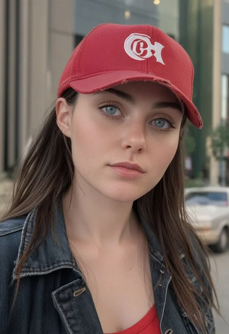 30yo woman posing for pic in front of tall building.
Blue eyes. small perfecteyes 
Wearing ripped Denim jacket red trucker hat
no makeup. Clear skin.  realistic skin style
Long dark black slick back hair. No makeup. Dusk, Street light. Looking at camera POV. Slight smile, tilting head.. Tilt head.
Medium Close Up shot. Bokeh. Bokeh light.
