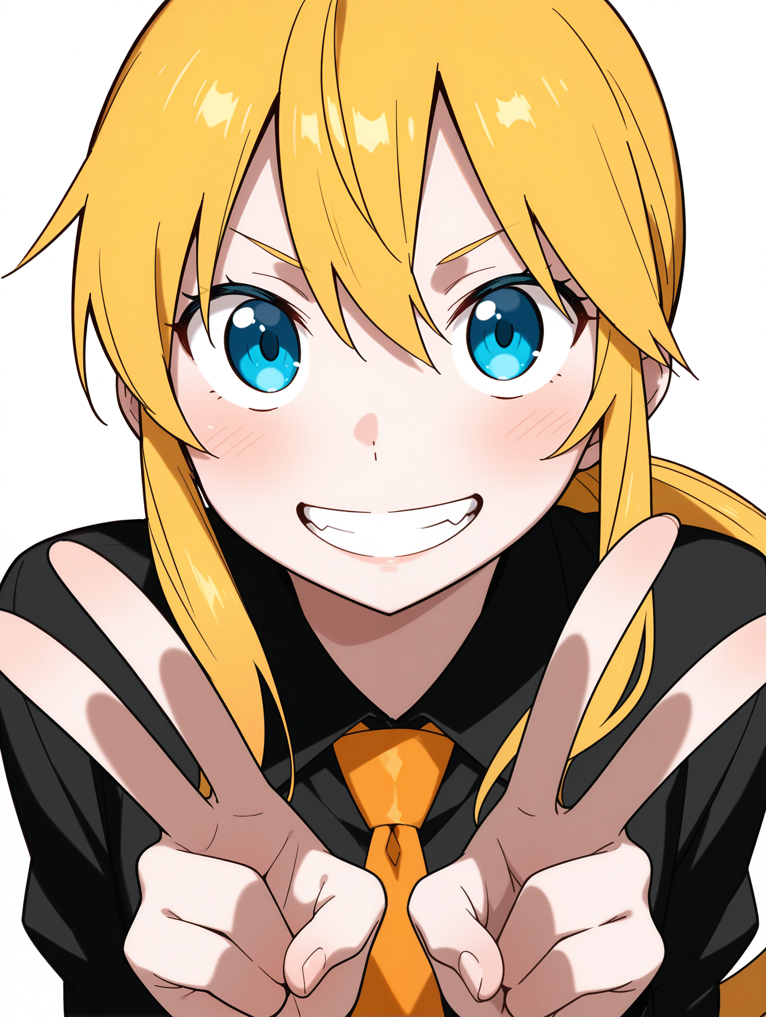 masterpiece,best quality,newest,1girl,solo,
<lora:kageyama_torako_ilxl_v1.1:1>,torako,ponytail,h_clothes,black collar shirt,<lora:Fixhands_anime_bdsqlsz_V1:1>,white_background,simple_background,upper_body,grin,standing,double v,