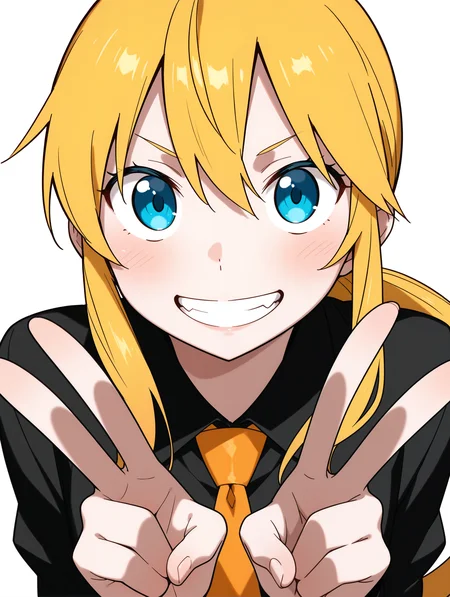 masterpiece,best quality,newest,1girl,solo,
<lora:kageyama_torako_ilxl_v1.1:1>,torako,ponytail,h_clothes,black collar shirt,<lora:Fixhands_anime_bdsqlsz_V1:1>,white_background,simple_background,upper_body,grin,standing,double v,