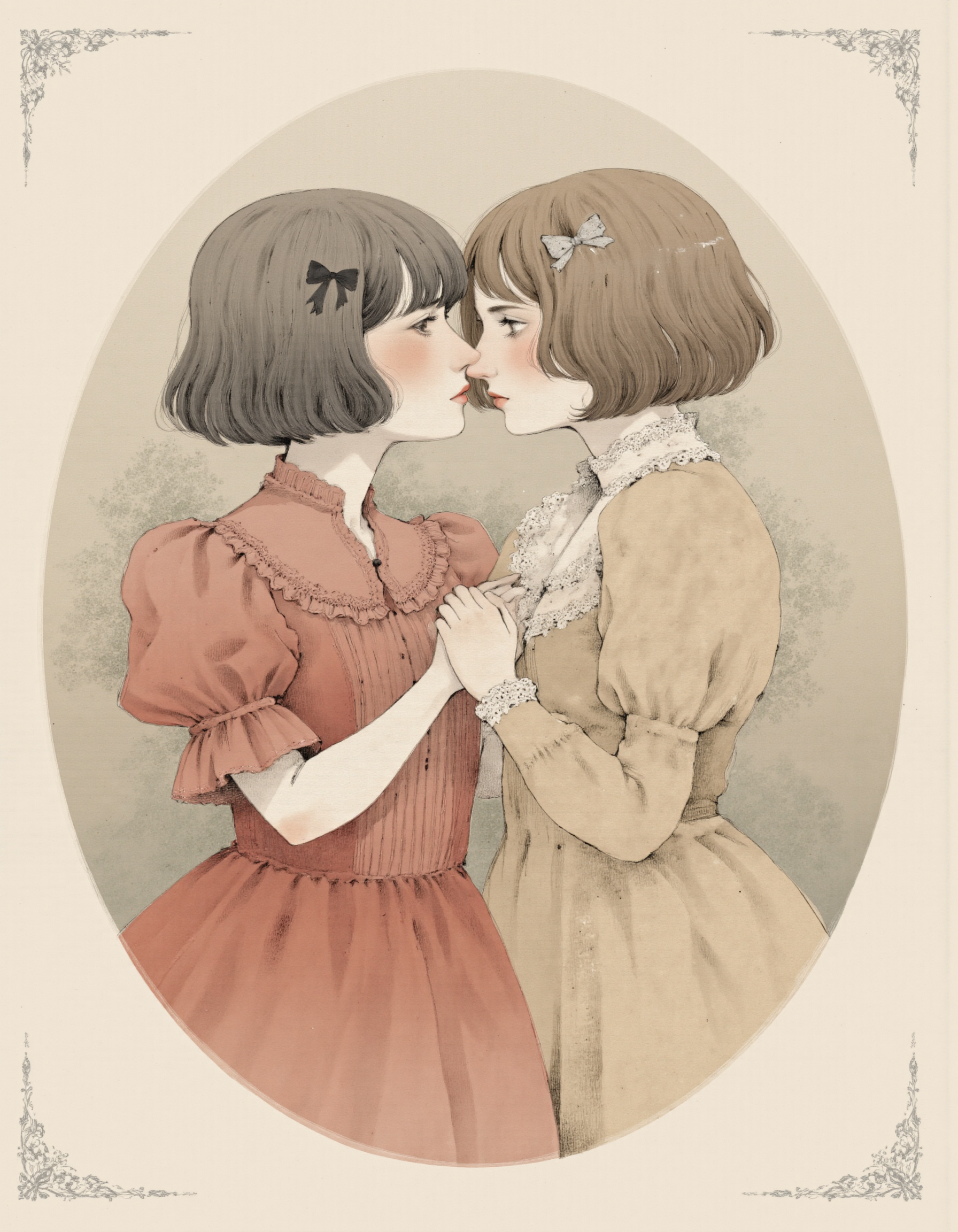 <lora:cioffi:1>, This image is a watercolor painting featuring two young women engaged in a tender moment. The artwork is executed in a delicate, soft pastel palette with a vintage, romantic style. Both women have short, bobbed haircuts, one with a straight, dark bob and the other with a slightly lighter, wavy bob.
The woman on the left is dressed in a red, short-sleeved dress with a high collar and intricate ruffles. She wears a small black bow in her hair and has a gentle, melancholic expression. Her skin tone is light, and her eyes are closed, adding a serene quality to her face.
The woman on the right is dressed in a long-sleeved, light brown dress with a high collar and delicate lace details. She has a slightly more animated expression, looking intently at the other woman. Her skin tone is also light, and she wears a small white bow in her hair.
Both women are seated closely, facing each other, and the background is a soft, circular gradient of beige and light brown tones, enhancing the intimate and nostalgic atmosphere. The painting is framed by a subtle ornate border at the top and bottom, adding a touch of elegance.