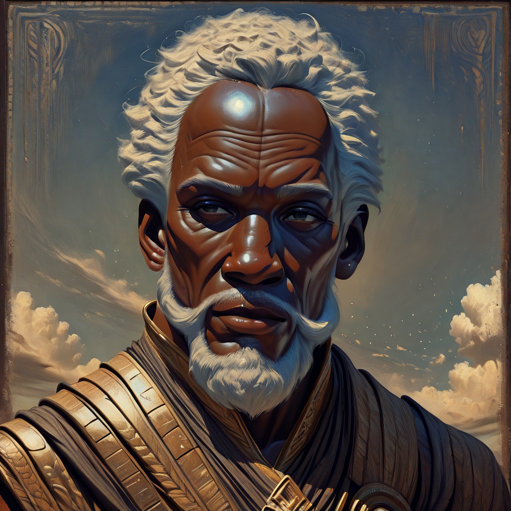masterpiece, best quality, newest, absurdres, highres, oil painting, detailed face, 1boy, Illustratedafricanfemale, dark-skinned male, african male, african, old man, old, wrinkles, winkly face, dredlocks, white hair