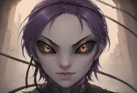 SFW, rating_all, score_10, score_8_up, score_7_up, beautiful, realistic, detailed, perfect, quality, vector, dynamic, dynamic pose, flat colors, masterpiece, ((Kaminoan)), female, 1.8 meters tall, ((gray skin, bald, black sclera, colored sclera, (purple iris))), stern look, looking at viewer, portrait shot, tough, short skirt, whip, whipping, crouching, glowing whip