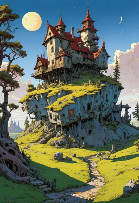 masterpiece, landscape, old forest, gnarled trees, grass, ancient castle, dilapidated buildings, shacks, witch houses, buildings, sun, epiCPhoto, long shadows, eerie, moon, bleeding moon,dancing house, house on chicken legs,, Moebius art style,