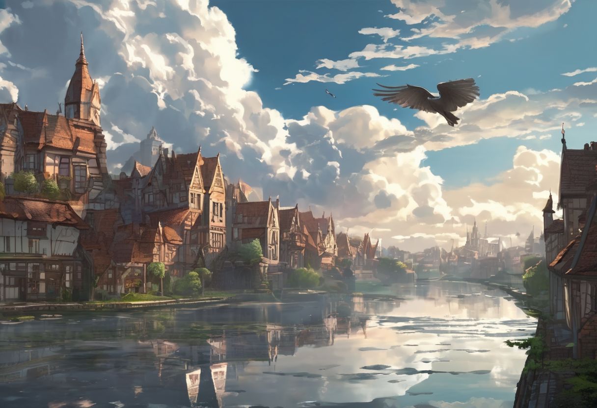 flying in a fantasy city. The buildings made of brick with the art style being that of an old anime. The clouds cast shadows along the land while godrays protrude through them. The bird is flying over a river that cuts along the center of the city with a beautiful reflection. The scene is highly detailed. 4k.hd.