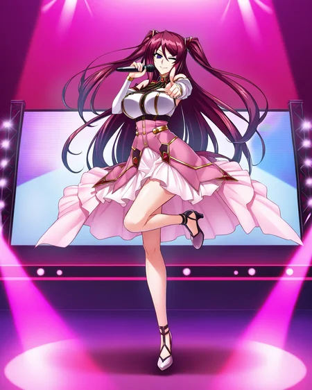 newest stylish, extreme aesthetic, 1girl, solo, BeatriceKushan, standing on one leg, purple eyes, dancing, pointing at viewer, holding microphone, > o, one eye closed, pink dress, smile, juliet sleeves, bare shoulders, detached sleeves, two side up, looking at viewer, full body, stage, screen, spotlight, <lora:Bea&KilaKushan-ilxi01:0.5>, <lora:flat-ilxl-000037:0.8>