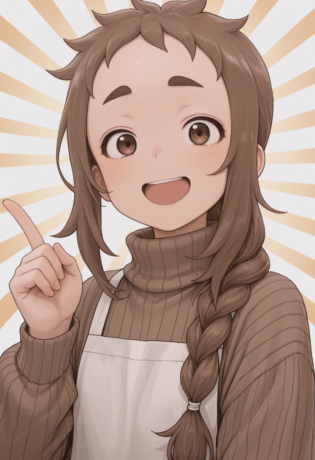 masterpiece,best quality,absurdres,highres,very aesthetic,high quality,detailed,insanely detailed,beautiful,perfect lighting, looking at viewer, 
 <lora:Hibino Mina illu:1> 1girl, brown sweater, smile, open mouth, brown eyes, apron, single braid, :d, long hair, turtleneck sweater, long sleeves, ribbed sweater, hand up, upper body, index finger raised, sunburst background, brown hair, thick eyebrows, looking at viewer, jaggy lines, white background, short eyebrows