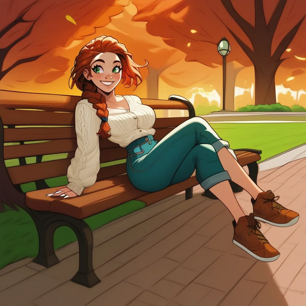 Sadie, curvy, bright green eyes, one big Braid, Long Hair, auburn hair, Long legs, bubble Butt, large Natural breasts, Happy, smiling, White Long fingernails, milf, casual outfit, sitting on bench, in park, autumn