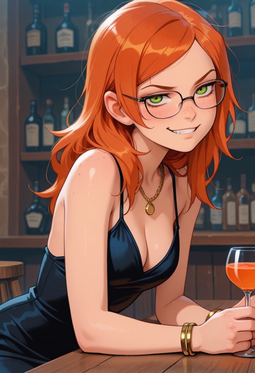 masterpiece, best quality, good quality, very aesthetic, absurdres, newest, 8K, depth of field, focused subject, mythp0rt, detailed face,
stylized, wabi sabi, 
1girl, solo, gwentennyson, orange hair, long hair, green eyes, messy hair, freckles, cute, 
smirk,
petite body, small waist, curvy,
medium breasts,
black cocktail dress, cleavage, glasses, gold necklace, gold bangle,
sitting, 
dynamic angle, close up, upper body,
indoors, bar, bar room,