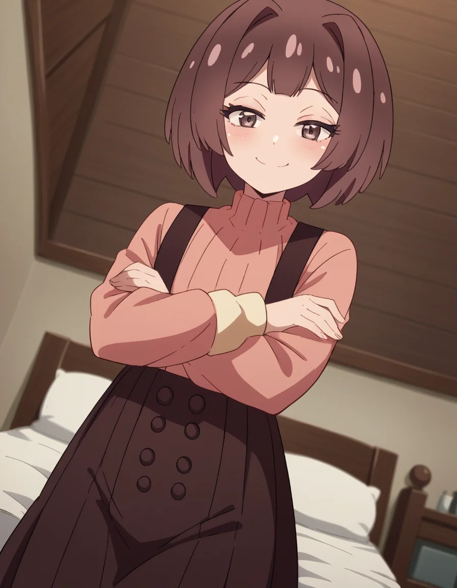 score_9, score_8_up, score_7_up, source_anime, <lora:sakura-sonoue-s1-ponyxl-lora-nochekaiser:1>, sakura sonoue, short hair, bangs, brown hair, brown eyes, hair intakes, bob cut,, skirt, long sleeves, sweater, suspenders, high-waist skirt, brown skirt, suspender skirt, pink sweater, indoors, bed, bed room, on side, blush, drunk,, smile, looking at viewer, crossed arms, smile, smug, solo,, cowboy shot, dutch angle