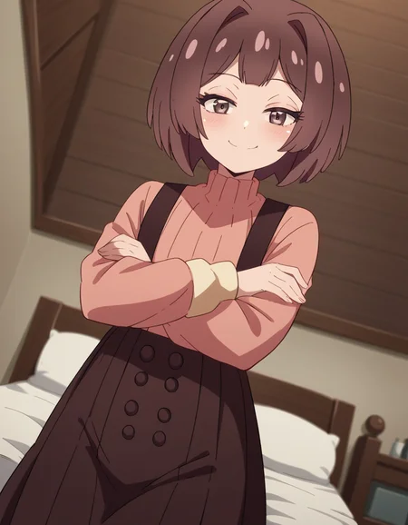 score_9, score_8_up, score_7_up, source_anime, <lora:sakura-sonoue-s1-ponyxl-lora-nochekaiser:1>, sakura sonoue, short hair, bangs, brown hair, brown eyes, hair intakes, bob cut,, skirt, long sleeves, sweater, suspenders, high-waist skirt, brown skirt, suspender skirt, pink sweater, indoors, bed, bed room, on side, blush, drunk,, smile, looking at viewer, crossed arms, smile, smug, solo,, cowboy shot, dutch angle