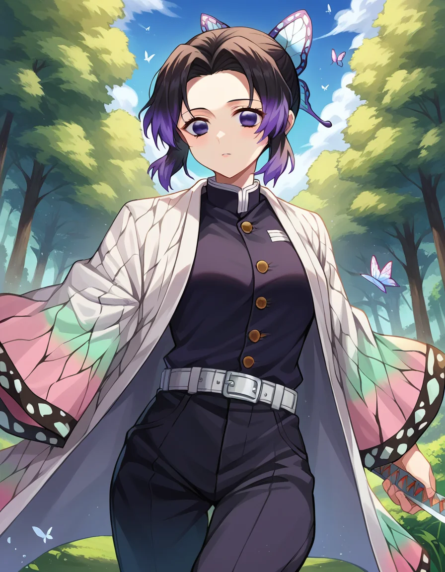 score_9, score_8_up, score_7_up, source_anime,
shinobukochou, <lora:shinobu-kochou-ponyxl-lora-nochekaiser:1>,
shinobu kochou, animal print, black hair, butterfly, butterfly hair ornament, butterfly print, forehead, gradient hair, hair ornament, haori, multicolored hair, parted bangs, purple hair, short hair, two-tone hair,
belt, black pants, butterfly print, coat, demon slayer uniform, haori, japanese clothes, pants, uniform,
outdoors, forest, nature, sword, holding weapon, holding sword, weapon, fighting stance,
looking at viewer, dutch angle, cowboy shot,