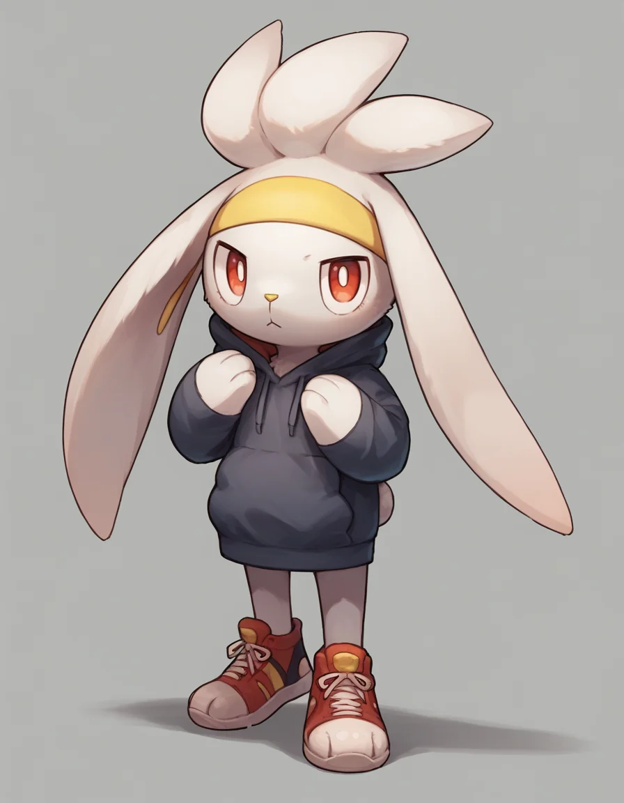 score_9, score_8_up, score_7_up, score_6_up, score_5_up, score_4_up, 1girl, full body, solo,
<lora:Raboot_v0-3:1> raboot, pokemon \(creature\), white fur, droopy ears, rabbit ears, rabbit tail, red eyes, looking at viewer, furry female, yellow hairband,
boho-blouse, sneakers