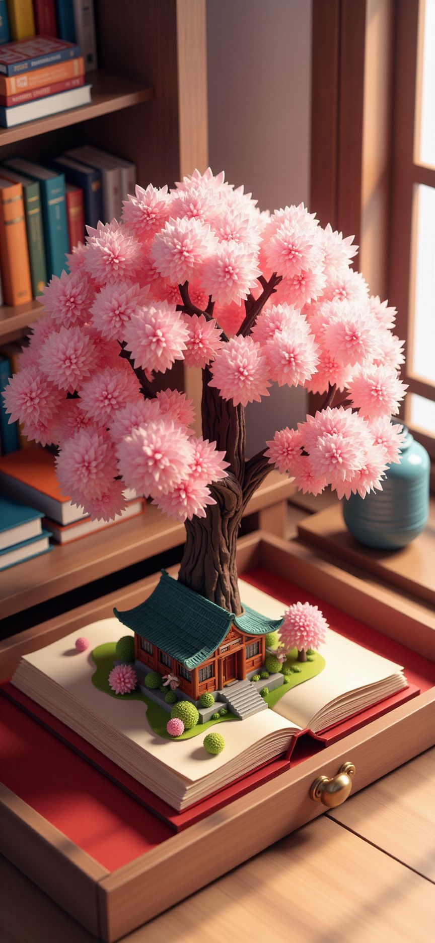 (indoors,indoor,isometric view,side view,tilt-shift lens:2), (in the style of ck-sfc,fna_style,fna_style,a scene from a pop-up,card letter:2),(cherry blossom tree with temple:1.3) (at opened  drawer at study:3) <lora:Fantasy_Novel_Art_Style:1><lora:ck-plastic-models:1> <lora:Pop-up_Book_Papercraft_Plotter_FLUX:1>