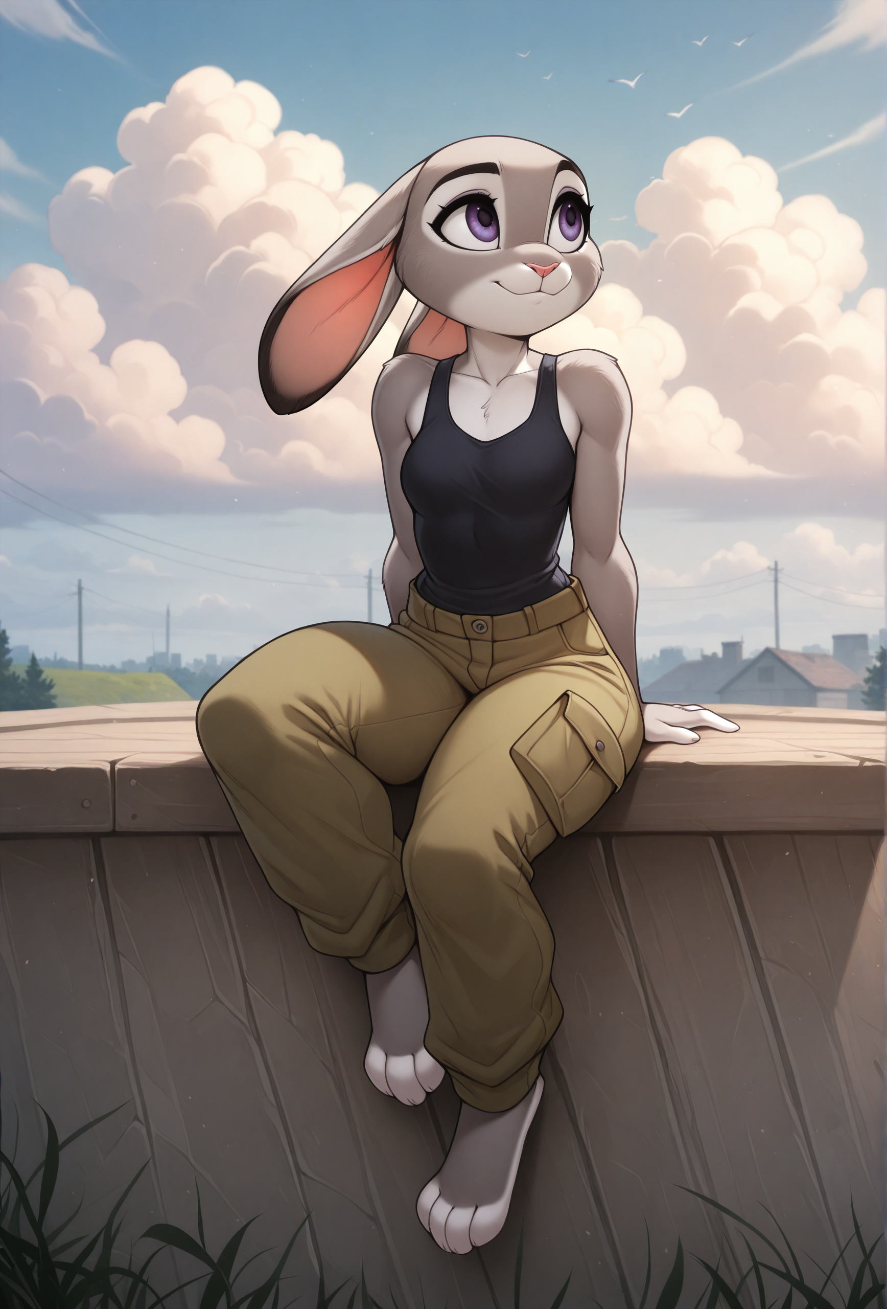 (masterpiece, high quality, best quality, detailed background:1.2),  <lora:iskra_style_illustrious_v1_full:1> iskrastyle,
1girl, furry, solo, judy hopps, cloud, cloud focus, sitting, feet, cargo pants, tank top,