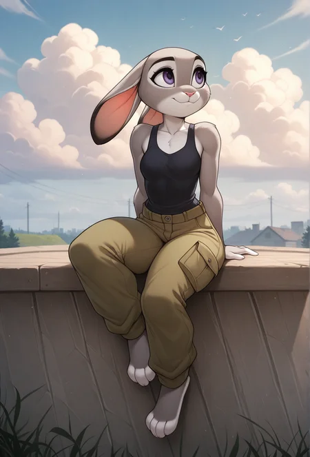 (masterpiece, high quality, best quality, detailed background:1.2),  <lora:iskra_style_illustrious_v1_full:1> iskrastyle,
1girl, furry, solo, judy hopps, cloud, cloud focus, sitting, feet, cargo pants, tank top,