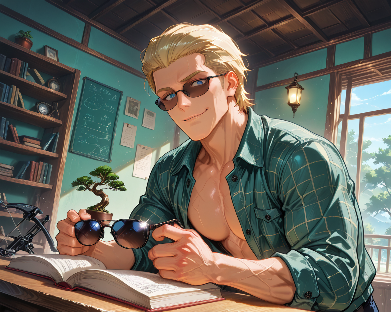 IllusP0s, PonyScores7, source_anime, ah1, IllustriousQual, interesting, exciting, spectacular, wonderful, amazing quality, absolutely eye-catching, very awa, <lora:animagineXL40_v4Zero_aqm_complete_v1:0.3>,  lazypos1,
BREAK <lora:xl_more_art-full_v1:0.2>, <lora:aesthetic_anime_v1s:0.2>, <lora:EpicF4nta5yXL:0.2>, <lora:detailxl:0.2>, detailxl, <lora:Fant5yP0ny:0.2>, amazing quality, best aesthetic, absurdres, illustration, Volumetric_Lighting, ultra-detailed, very aesthetic, intricate details, best_quality, lazympos, <lora:Add_Details_v1.2:0.2>, <lora:quality_modifiers_masterpieces_v1:0.2>, <lora:ZootPonyAnime_V1_r2:0.2>, <lora:Bestifacator2:0.2>, anime style,
BREAK (((holding crossbow))), <lora:DynamicPoseIL2att_alpha1.0_rank4_noxattn_900steps:0.8>, dynamic pose,
BREAK Stable_Yogis_PDXL_Positives, AS-Adult, <lora:Complicated fantasy portrait - XL Pony V2.0:0.2>, <lora:HDA_Detailer:0.3>, AS-MidAged, (((Dutch Angle, (from side), extreme Close to viewer))),
BREAK (((<lora:albertwesker-guy-PONYv1:0.8>, albertwesker, 1boy, toned, athletic, fit, mature male))), tanlines, scars on body, <lora:shinyskin2:0.2>, glistening skin, <lora:perfection style:0.2>, perfection style, perfection, 
BREAK (((Curious Scholar, tweed jacket))), ((sunglasses:1.3)), 
BREAK ((slicked back hair, (short hair:1.7), blonde)), <lora:hairdetailpxl:0.2>, hairdetailpxl, 
BREAK ((angular face, sharp_featured face, handsome, charming, alluring)), blue eyes, expressive eyes, <lora:perfect-eyes:0.4>, perfecteyes, EyesHD, <lora:DetailedEyes_xl_bdsqlsz_V1:0.2>, <lora:Eyes_Lora_Pony_Perfect_eyes:0.2>, <lora:focusoneyes:0.2>, <lora:cinematic eye color style illustrious v1:0.2>, <lora:Eyes_High_Definition:0.2>, EyesHD,  <lora:fdsf:0.3> HDEYES, <lora:eyes_enhancer_V3:0.3>,
BREAK (((awkward expression, Uneasy smile, wide eyes, nervous expression))), <lora:Expressive_H:0.2>, Expressiveh, <lora:Emotional_Anime_Expressions_PonyXL_Concept:0.2>, emotional, <lora:Best_Facial_Expression_LoRA_PONY:0.2>, looking at viewer, <lora:Detailed expressive EXEV style -XL Pony V1.0:0.2>, FaceDetail,
BREAK (((study Room, Quiet area with a low writing desk, shelves filled with scrolls and books, sliding paper doors, small bonsai tree on a stand, cushions for comfortable reading or contemplation))), <lora:Background Detailer - SDXL:0.2>, 4k, 8k, Ultra HD, Masterpiece, Best quality, Detailed background, foreshortening, extreme perspective, <lora:Add_more_details_V2_XLpony:0.2> full_details, <lora:background-type1:0.2>, <lora:AddMicroDetails_Illustrious_v3:0.2>, addmicrodetails, SmoothNoob_Quality, <lora:ani40o_stabilizer_v0.6:0.6>,