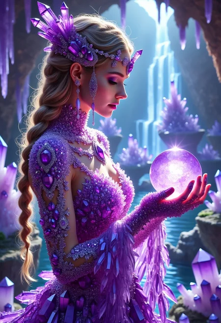 A mystical depiction of an enchantress adorned with sparkling amethyst crystals, her flowing gown made of shimmering crystal shards that glint with every movement. Her hands are gently clasping a glowing amethyst orb, casting soft violet and indigo light across her serene face. Her hair is braided with small, sparkling amethyst stones, and her surroundings are a luminous cave filled with intricate crystal formations that pulse with magical energy. Cinematic medium-shot with ethereal lighting and a rich fantasy atmosphere.