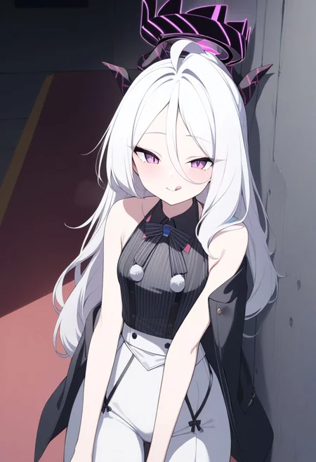 (masterpiece),(best quality),(ultra-detailed),(best illustration),(best shadow),(absurdres),(detailed background),(very aesthetic), 1girl, solo, Hina_(Blue_Archive), white hair, purple eyes, long hair, cabaret outfit, seductive smile, tongue out, leaning on a wall, alley background, red-light district, upper body,