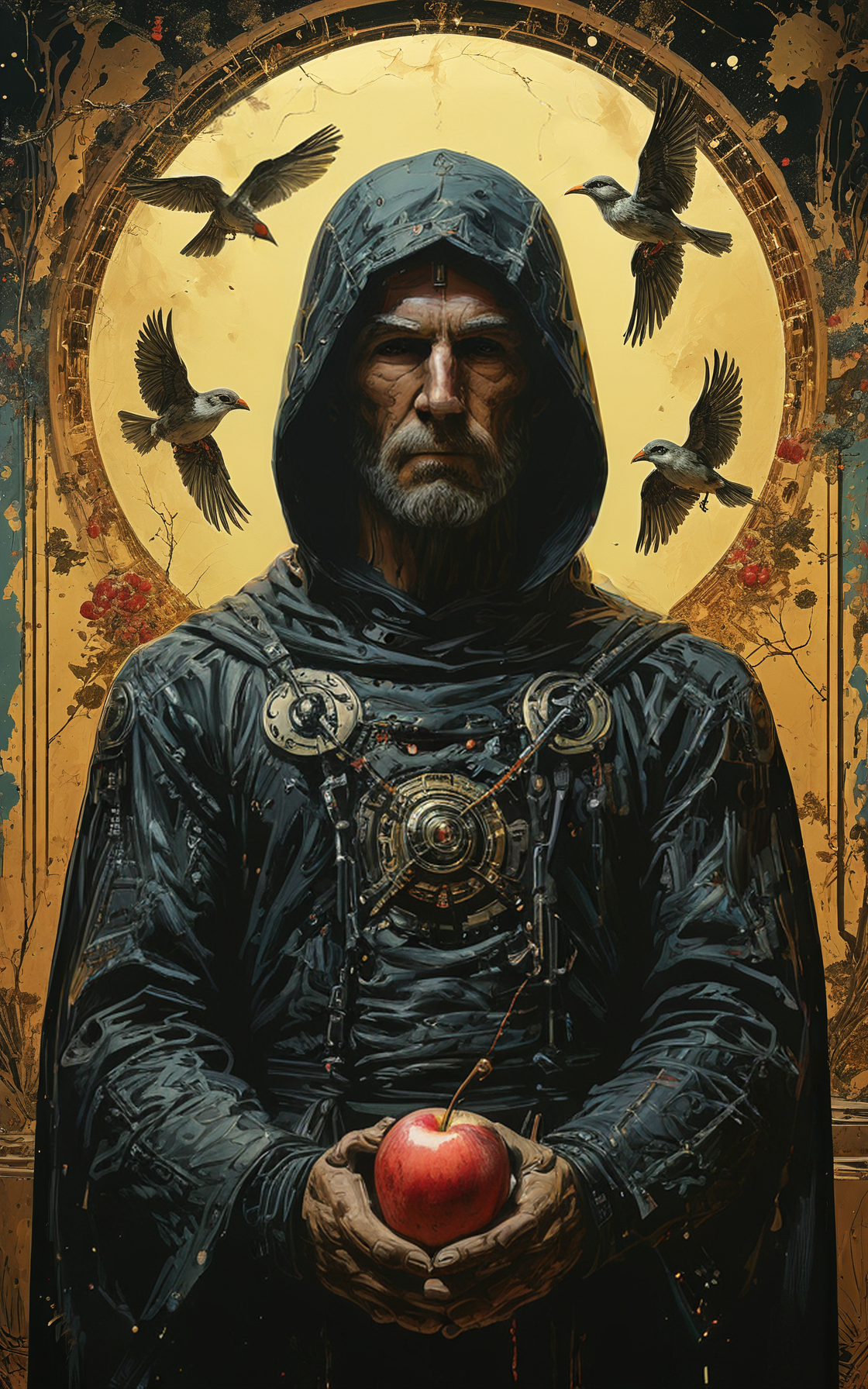 by artist Gustav Klimt and Greg Rutkowski,wide_shot,landscape,((full_body_shot,front photo)),
a painting of a preacher in a black hooded robe,in front of flying birds<lora:transparent_cyberdog:1,religious iconography,in the style of otherworldly visions,dark and ominous,mind-bending murals,Influenced by the trend of "mythology revival" in the world literature and primitive religion,his Perfect Hands holding a red apple<lora:Perfect Hands:1.2><lora:Ive_Got_The_Power:1>,moebius,dark and ominous,isolated figures,The background totem has a perspective effect and extends to the perspective vanishing point.,
<lora:add-detail-xl:1><lora:MJ52:0.5><lora:DD-pnte-neg-v1:-1.5>,ZIP2D,ziprealism BREAK