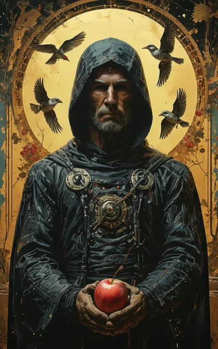 by artist Gustav Klimt and Greg Rutkowski,wide_shot,landscape,((full_body_shot,front photo)),
a painting of a preacher in a black hooded robe,in front of flying birds<lora:transparent_cyberdog:1,religious iconography,in the style of otherworldly visions,dark and ominous,mind-bending murals,Influenced by the trend of "mythology revival" in the world literature and primitive religion,his Perfect Hands holding a red apple<lora:Perfect Hands:1.2><lora:Ive_Got_The_Power:1>,moebius,dark and ominous,isolated figures,The background totem has a perspective effect and extends to the perspective vanishing point.,
<lora:add-detail-xl:1><lora:MJ52:0.5><lora:DD-pnte-neg-v1:-1.5>,ZIP2D,ziprealism BREAK