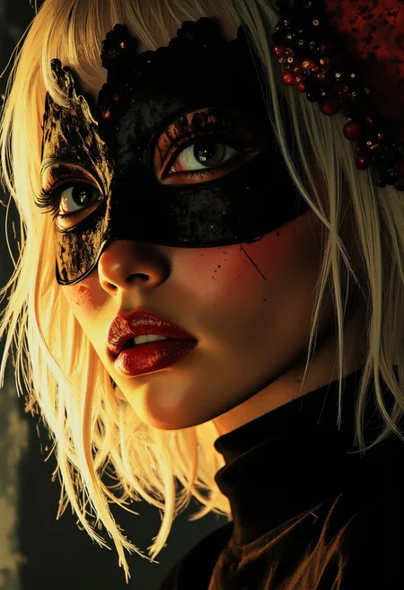 midjourney_whisper_innocent_eyes, side portrait of oriental woman wearing elaborate masquerade mask, feather, hair ornaments, silhouetted, directional lighting, blonde hair, bob, bangs, red lips, make-up, elaborate earrings