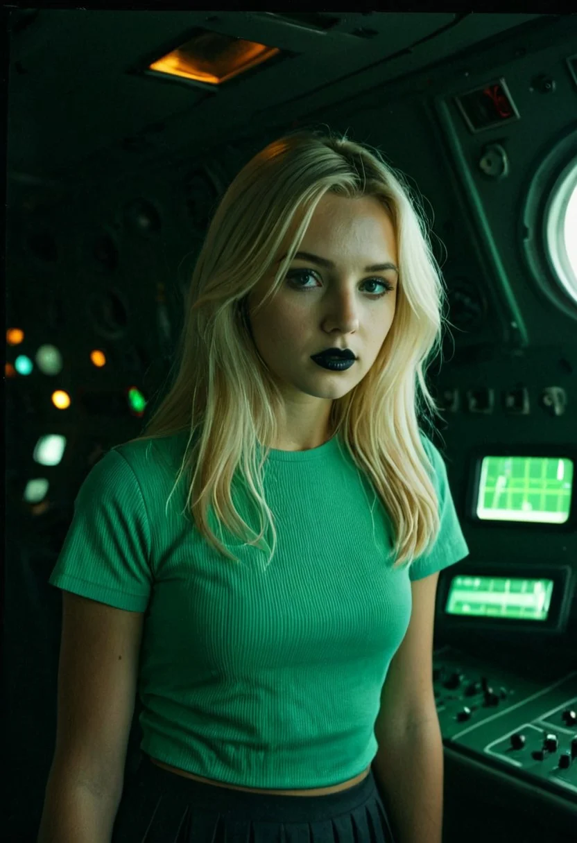 Award-winning candid photograph, "Whispers of the Future," captures a breathtaking 23-year-old blonde woman operating a futuristic, illuminated instrument panel. The image, shot on a Polaroid 120mm medium format, exudes a vintage feeling with its expert lighting and highly detailed composition.  The subject, a young woman with delicate feminine features, is adorned in a striking outfit that combines the old and the new. She wears a very short, pleated micro-skirt, and a tight lace top, all of which accentuate her pale, flawless skin and long blonde hair. Her makeup is realistic, with dark mascara and glossy black lipstick, adding to her captivating appearance.  The woman's face is expressive, filled with a mixture of sadness and embarrassment, as if she is aware of her own phony nature. Despite this, she is undeniably beautiful, and the photograph manages to convey both her vulnerability and her strength.  The background features a vintage nuclear submarine control cabin with round green sonar displays and neon flashing lights, creating a futuristic atmosphere and dreamy mood. The expert lighting and high-budget production value are evident in the extraordinary detail captured in the image.  The photograph features a unique blend of fantasy, reality, and emotion. The candid nature of the shot adds to its appeal, making it a truly extraordinary piece of art.