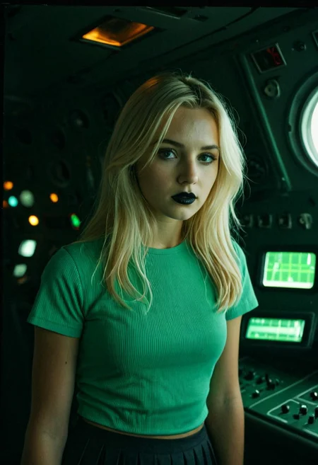 Award-winning candid photograph, "Whispers of the Future," captures a breathtaking 23-year-old blonde woman operating a futuristic, illuminated instrument panel. The image, shot on a Polaroid 120mm medium format, exudes a vintage feeling with its expert lighting and highly detailed composition. The subject, a young woman with delicate feminine features, is adorned in a striking outfit that combines the old and the new. She wears a very short, pleated micro-skirt, and a tight lace top, all of which accentuate her pale, flawless skin and long blonde hair. Her makeup is realistic, with dark mascara and glossy black lipstick, adding to her captivating appearance. The woman's face is expressive, filled with a mixture of sadness and embarrassment, as if she is aware of her own phony nature. Despite this, she is undeniably beautiful, and the photograph manages to convey both her vulnerability and her strength. The background features a vintage nuclear submarine control cabin with round green sonar displays and neon flashing lights, creating a futuristic atmosphere and dreamy mood. The expert lighting and high-budget production value are evident in the extraordinary detail captured in the image. The photograph features a unique blend of fantasy, reality, and emotion. The candid nature of the shot adds to its appeal, making it a truly extraordinary piece of art.