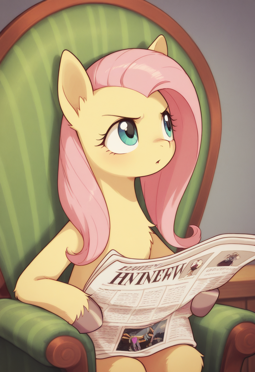 masterpiece, best quality, Graphic Design, color art, vibrant colors, colorful, intricate details, high contrast, detailed background, beautiful detailed, beautiful face, detailed eyes, detailed face, new, newest, trtn, frown, parted lips, looking away, holding, newspaper, sitting, chair, 1girl, solo, (pony, feral:1.2), fluttershy, upper body, room, (hooves:1.3),