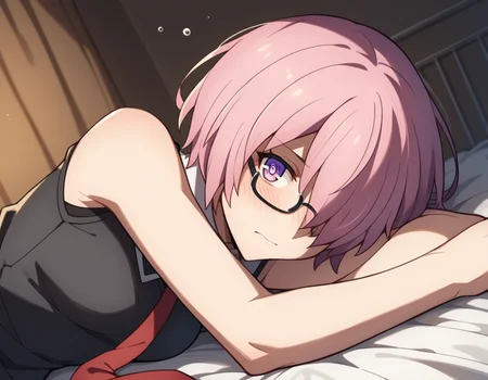 score_9, score_8_up, score_7_up, source_anime,
mashkyrielight, <lora:mash-kyrielight-babylonia-s1-ponyxl-lora-nochekaiser:1>,
mash kyrielight, short hair, purple eyes, pink hair, hair over one eye,
glasses, hood, shirt, collared shirt, white collar, black shirt, necktie, red necktie, sleeveless, off shoulder,
indoors, bed, bed room, on side, blush, drunk,
looking at viewer, cowboy shot, solo, dutch angle,