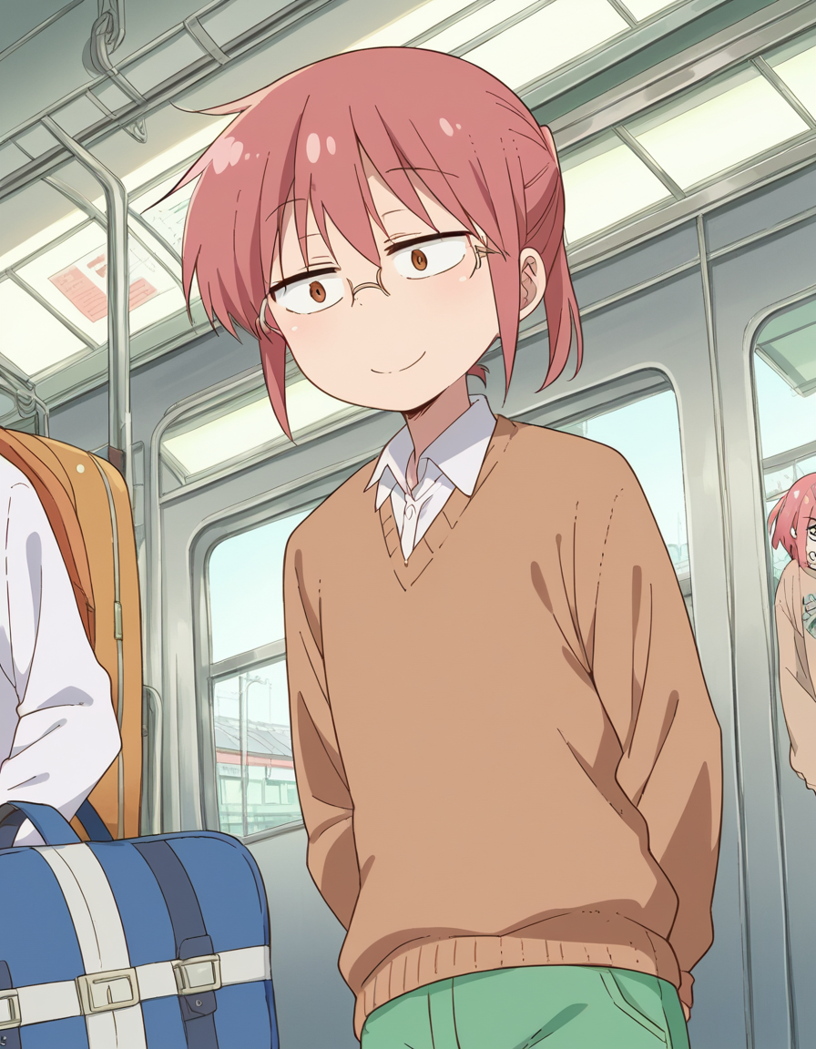 score_9, score_8_up, score_7_up, source_anime, <lora:dragon-kobayashi-s2-ponyxl-lora-nochekaiser:1>, kobayashi, ponytail, pink hair, glasses, short hair, brown eyes,, shirt, long sleeves, white shirt, collared shirt, pants, sweater, brown sweater, green pants,, train station, waiting for train, suitcase, traveling, commute, city skyline, hands behind back,, smile, , smile, solo,, dutch angle,