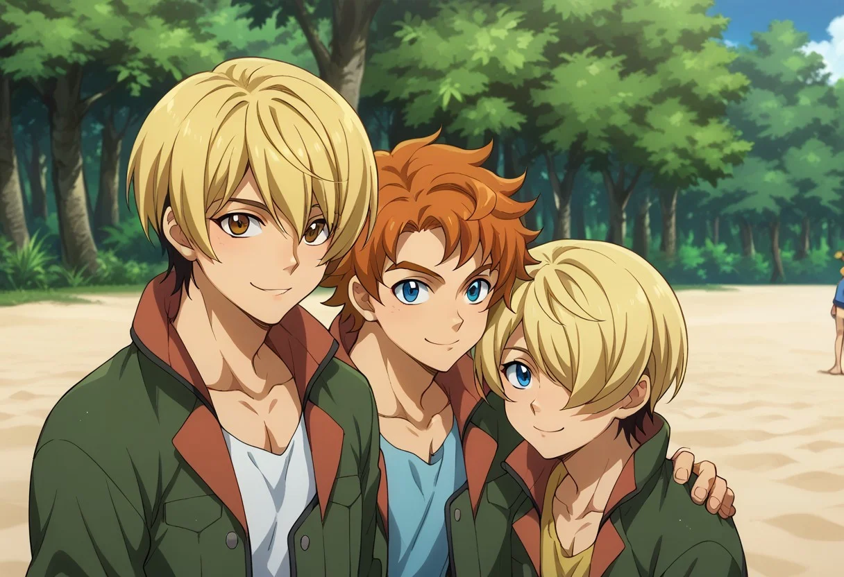 score_9, score_8_up, score_7_up, source_anime, highly detailed, 3boys,
yamagi, 1boy, blonde hair, male focus, blue eyes, hair over one eye, BREAK
ridemass, 1boy, male focus, blue eyes, orange hair, BREAK
takaki, 1boy, male focus, blonde hair, brown eyes, BREAK
outdoor, beach, trees, jacket, green jacket, smile, posing for a photo, hand on another's shoulder,