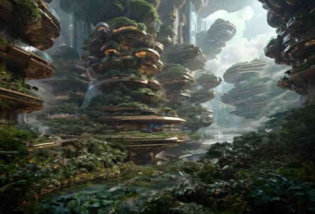 A new type of flying ship for sightseeing in the city of the future, 
Residents live in a sizable number of glass bubble capsules,
The alien colonial cities of the future look like towering ant nests built in Halong Bay filled with fog, glass dome, communications spire landmark, aircraft terminal, aerial mass transportation,
((The steel tower in the imperial capital of Star Wars, the Rubik's Cube and Golden Tower of the corporate headquarters in Blade Runner, The floating kingdom of Hayao Miyazaki's Castle in the Sky, the catacombs of Paris are full of skulls, Famous British architect Dream Detective)),
(futuristic:1.2), a huge military factory made of steel, glass, fog, sun, in the clouds, , futuristic military planes, moody tones, 
(real landscape:1.1), (blurred background:1.0), [buildings|trees|Crowd|buildings|trees|Crowd|buildings|trees|vehicle|Crowd:0.7], (background, more_details:0.3) 
great lighting, futureskyline, vertical, stacked, Curvy Architecture, Architecture photography
