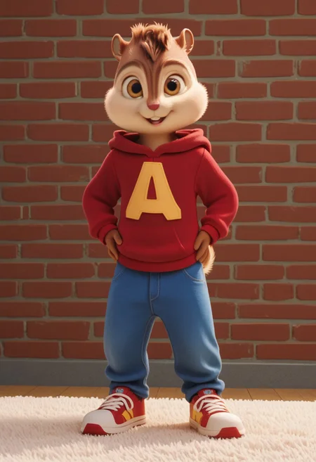 Score_9, score_8_up, score_7_up, source_furry, Alvin Seville, chipmunk, chipmunk male, furry male, furry, 3d, render, movie screencap, brown eyes, red hoodie, blue jeans, sneakers, tail, hand on hips, large feet, floral wall , carpet, windows, <lora:Alvin _Seville __Alvin_and_the_Chipmunks__CG_Movie_version:0.8>