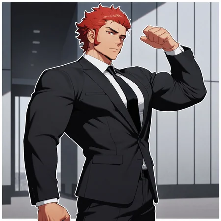 masterpiece, best quality, absurdres, newest, perfect quality, best quality, absolutely eye-catching, detailed background, intricate details, bara, 1boy, male, male focus, solo, mature, red hair, spiky hair, forehead, long sideburns, red eyes, (((white button-up shirt))), (((black suit))), (((black tie))), bara, muscular, large pectorals, large biceps, tuxedo, cowboy shot, looking at viewer, side view, dynamic pose, outside scenery, white outline around character, white borders, visual effects, cinematic, very awa, best quality, absurdres, newest, perfect quality, detailed background, intricate details, (artist:rokudenashi:0.8), (artist:dizdoodz:0.7), (artist:gomtang:0.6)