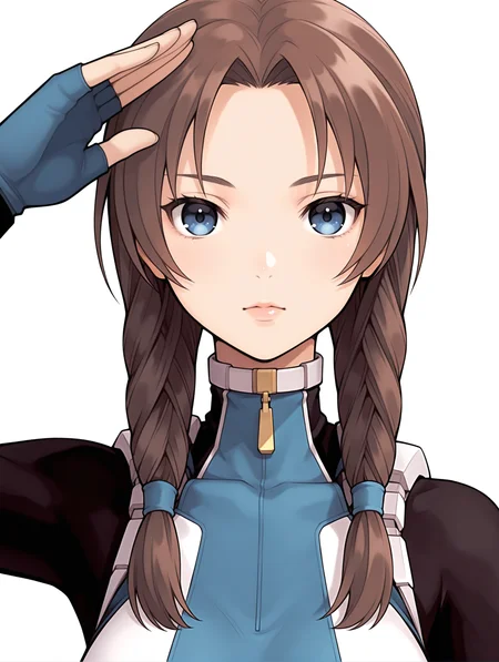 masterpiece,best quality,newest,
1girl,solo,
<lora:Mary_Appleton_ilxl_v1.0:1>,mary_a,twin braids,brown hair,blue eyes,lips,
m_suit,turtleneck,skin tight,bodysuit,crop top,short sleeves,fingerless gloves,leotard,
<lora:Fixhands_anime_bdsqlsz_V1:1>,looking_at_viewer,standing,salute,white_background,simple_background,straight-on,portrait,front view,expressionless,