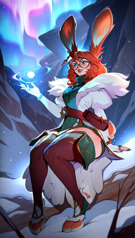 (masterpiece, scenery,:1.2)simz, traditional media, colored pencil \(medium\), watercolor \(medium\),  dark, volumetric lighting, realistic, 1girl, aurora \(league of legends\), league of legends, smile,blue eyes,parted lips, brown hair, gloves,  dress, jewelry, glasses, white gloves,  fur trim, glowing, ring, black nails, round eyewear, hips, thighs, green vest, semi-antro, rabbit feet,