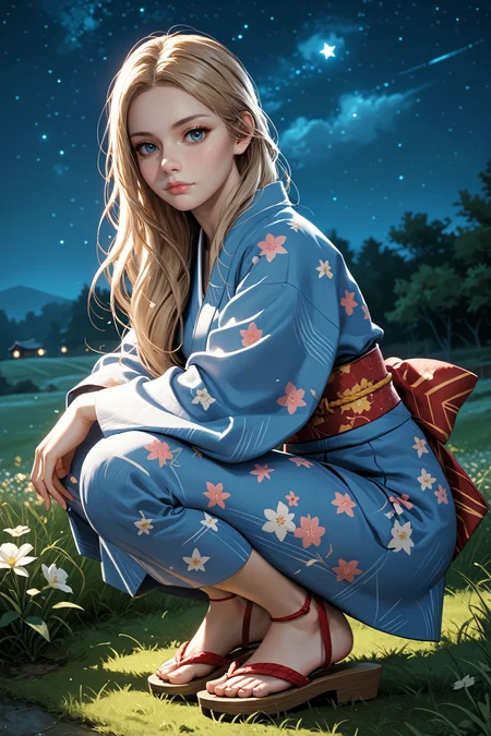 score_9, score_8_up, score_7_up,
<lora:REVRose:0.8>
REVRose, 1girl, blonde hair, long hair, blue eyes, looking at viewer, night, grass, squatting, yukata, japanese clothes, floral print, obi, from side, looking at viewer, sandals, star \(sky\)