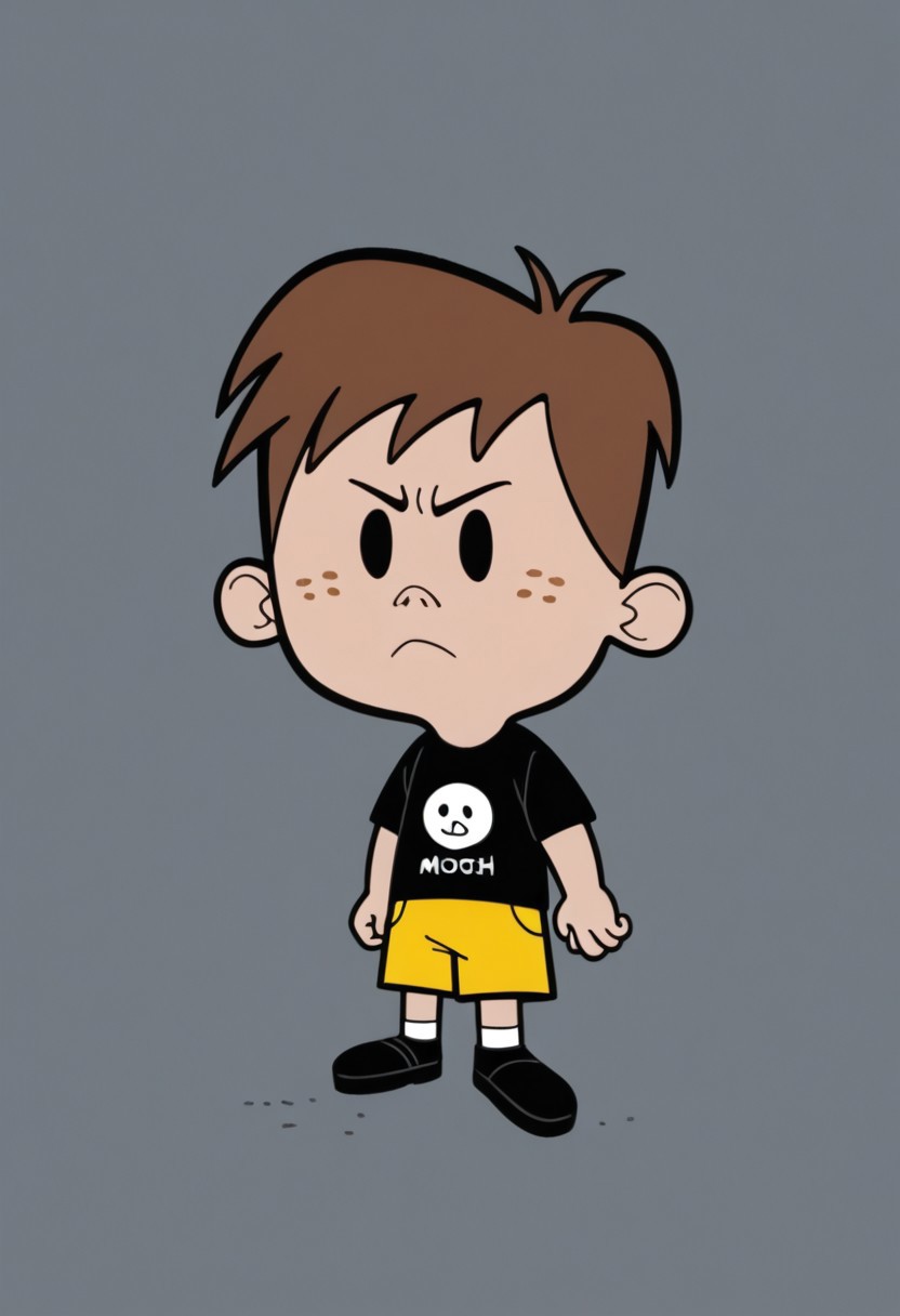 Solo, one character, 
1boy, MitchMitchelson, light skin, small body, large head, brown hair, freckles, point button nose,  black eyes, no sclera, black shirt labeled 'Mitch Rocks', yellow shorts, white sockes, black shoes,