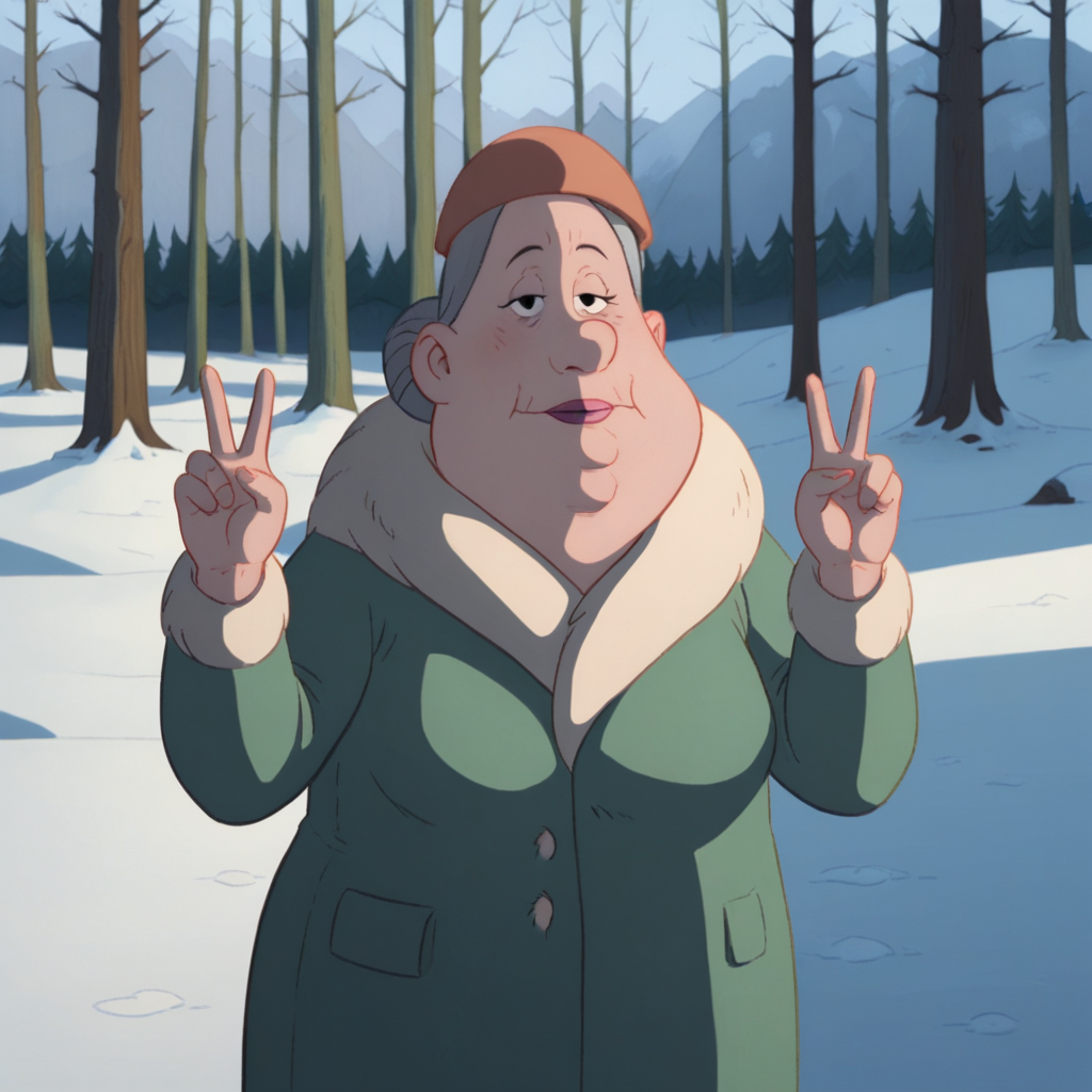 Ugly score_9_up, score_8_up, BREAK, solo, 1girl, MrsSanta, grey hair, black eyes, hat, green coat, fur trim, cowboy shot, <lora:MrsSanta_SantaApprentice_PXL_Leaf4:1>, forest, snow, double v,