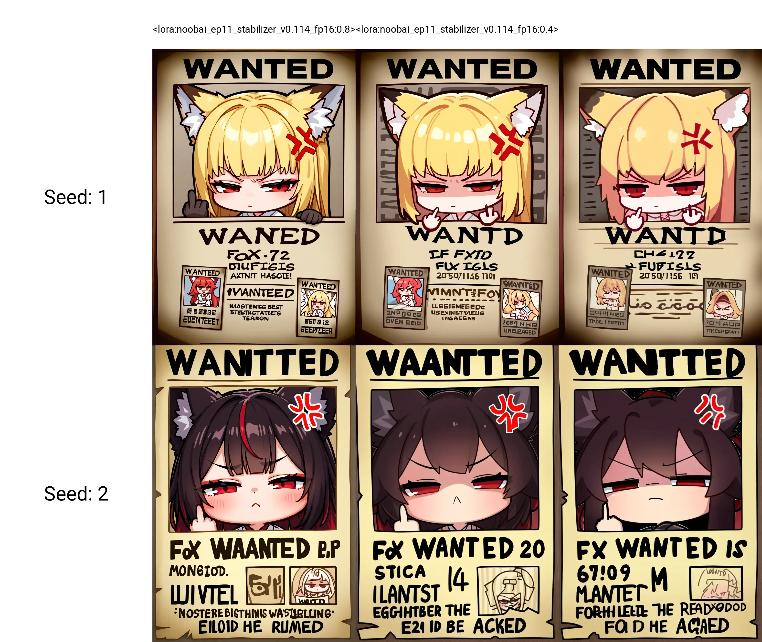 <lora:noobai_ep11_stabilizer_v0.114_fp16:0.8>1girl,chibi,fox ears,red eyes,half-closed eyes,anger vein,closed mouth,middle finger,fourth wall,in wanted poster,masterpiece,