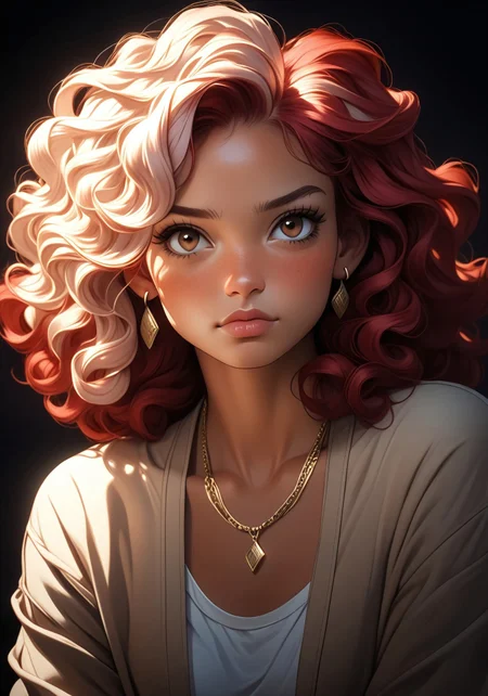 score_9, score_8_up, score_7_up, score_6_up, source_anime, 1girl, solo, (ethnicity:Black), (detailed clothing:1.2), (accessories:1.1), (detailed skin texture:1.2), (facial features:1.3), (expression:1.2), (body type:1.1), (pose:1.2) , wearing a tan jacket, a light beige shirt, multiple layered necklaces with silver pendants, and large hoop earrings; curly, vibrant red hair, (detailed hair:1.2), posed slightly angled to the camera, and looking directly at the viewer; center focus, shot from slightly below; detailed facial features; soft lighting with depth and shadows; photorealistic style; digital painting, high detail, 8k; (detailed wrinkles, and folds of clothing: 1.2), (detailed hair curls:1.2), cool color palette; smooth skin; dark background; artistic style.